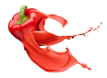 red bell pepper and Ink Splashes isolated on whiteの写真素材