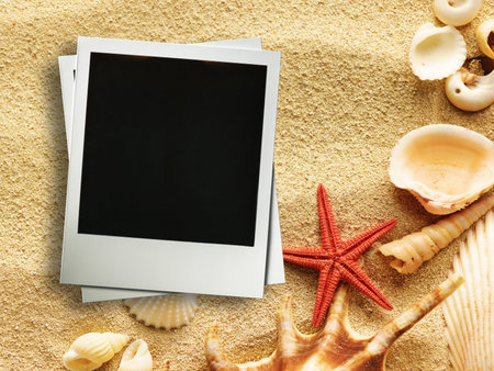 Pictue frame on shells and sand background. Copy space.