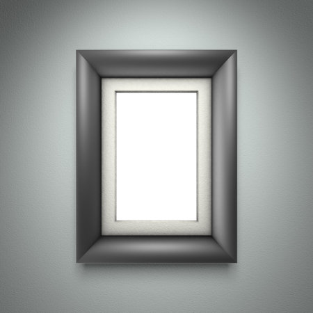 Black picture frame on gray wall background. 3d rendering