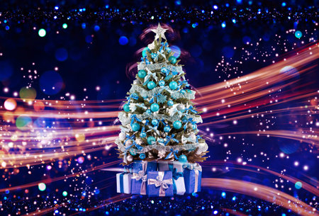 Christmas holiday blinking abstract background with decorated christmas treeの写真素材