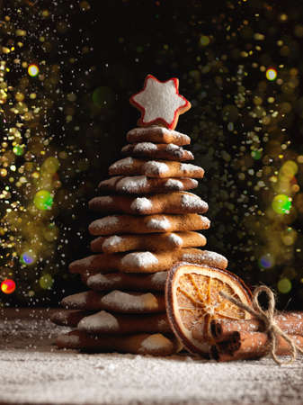 Homemade Gingerbread cookies Christmas Trees, decorated with icing and sugar decorations.の写真素材