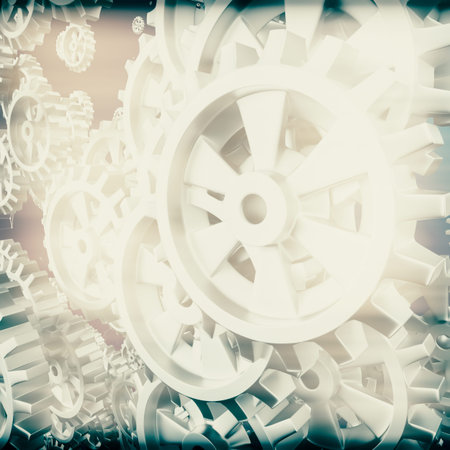 White gears and cogs macro on black background. 3D