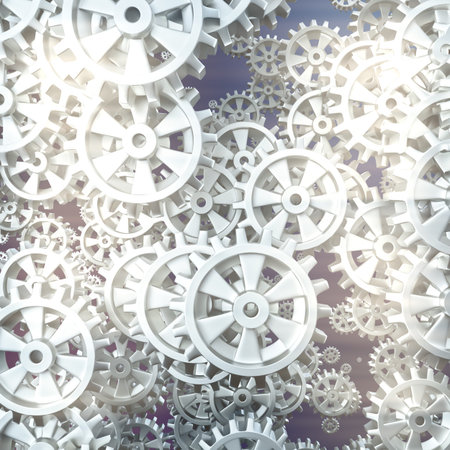 White gears and cogs macro on black background. 3D