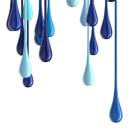 3D blue glossy paint drop blobs isolated on whiteの写真素材