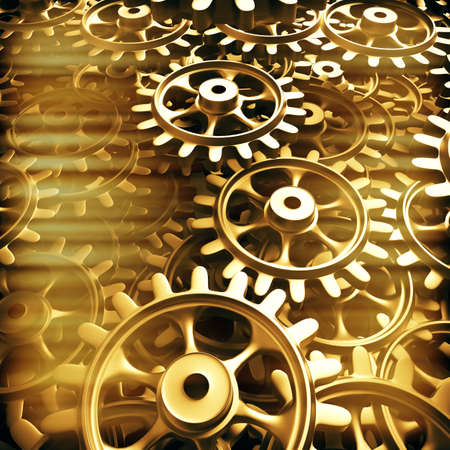 Gold gears and cogs macro. 3D renderingの写真素材