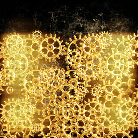 Gold gears and cogs macro. 3D