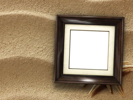 Pictue frame on shells and sand background. Copy space.の写真素材