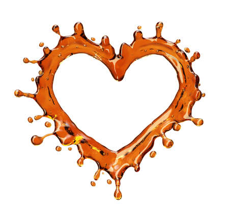 Heart from cola splash with bubbles isolated on white backgroundの写真素材