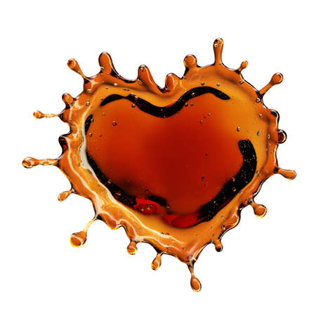 Heart from cola splash with bubbles isolated on white backgroundの写真素材