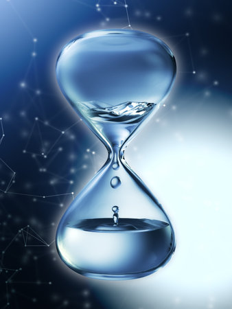 Hourglass with dripping water close-up. Blue background. 3d rendering