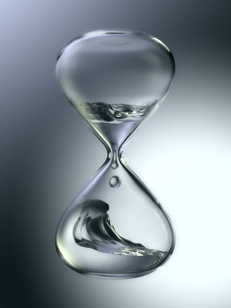 Hourglass with dripping water close-up. Gray background. 3d rendering