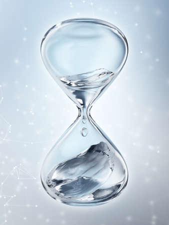 Hourglass with dripping water close-up. Blue background. 3d renderingの写真素材