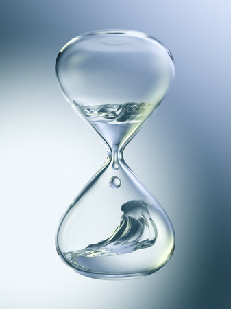 Hourglass with dripping water close-up. Gray background. 3d rendering