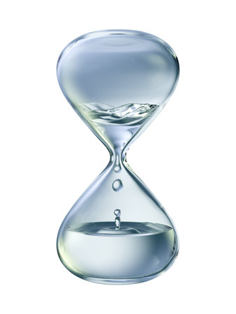 Hourglass with dripping water close-up. Isolated on white background. 3d rendering