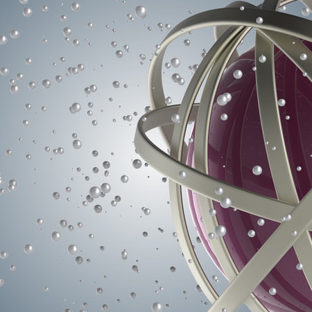 3d abstract. Sphere of multicolored rings in cloud from multicolored drops on gray background
