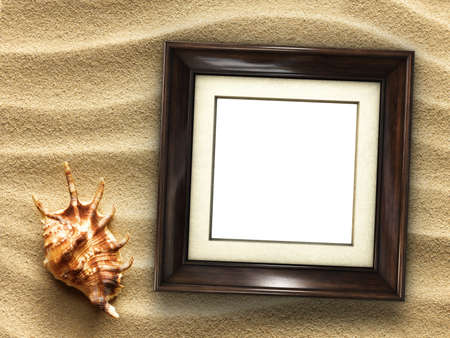 Pictue frame on shells and sand background. Copy space.の写真素材