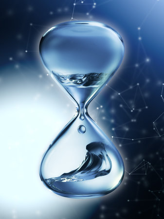 Hourglass with dripping water close-up. Blue background. 3d rendering