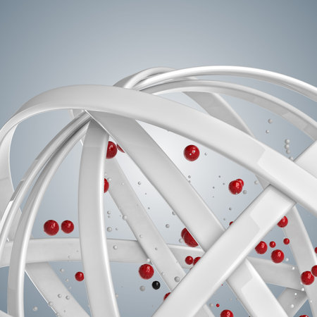 3d abstract. Sphere of multicolored rings in cloud from multicolored drops on gray background