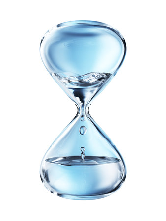 Hourglass with dripping water close-up. Isolated on white background. 3d rendering