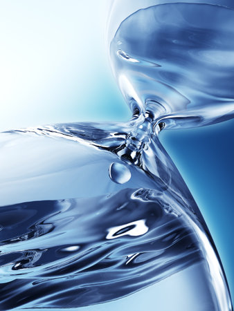 Hourglass with dripping water close-up. Blue background. 3d rendering