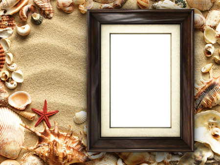 Pictue frame on shells and sand background. Copy space.の写真素材
