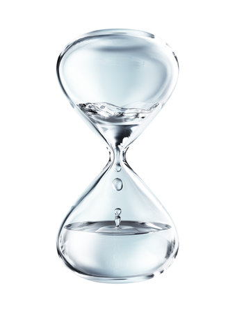 Hourglass with dripping water close-up. Isolated on white background. 3d rendering