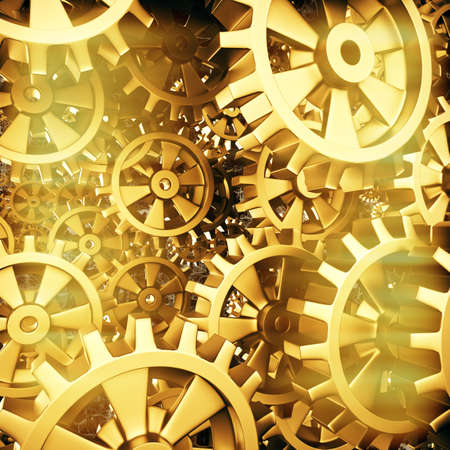 Gold gears and cogs macro. 3D renderingの写真素材