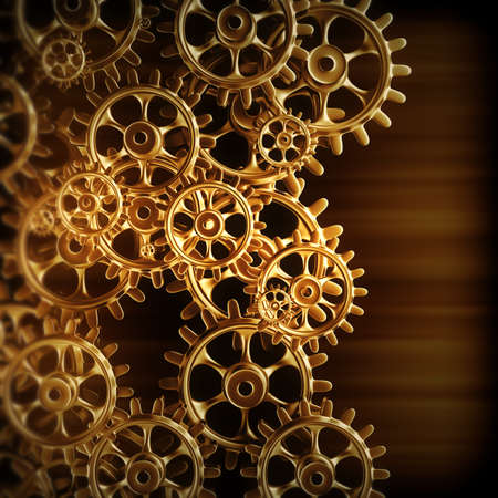 Gold gears and cogs macro. 3Dの写真素材