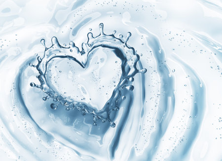 Heart from water splash with bubbles on blue water background. 3d renderingの写真素材