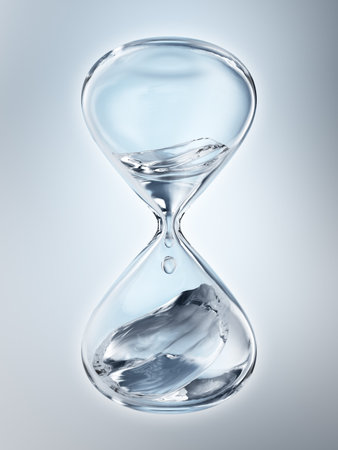 Hourglass with dripping water close-up. Gray background. 3d rendering