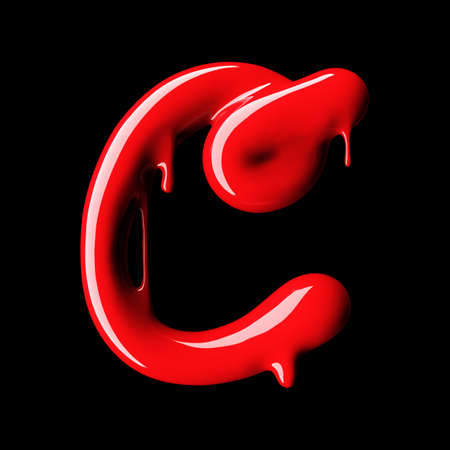 Glossy red letter C uppercase. 3D rendering font with glint on black background.の写真素材