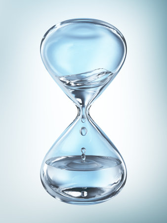 Hourglass with dripping water close-up. Blue background. 3d rendering