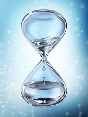 Hourglass with dripping water close-up. Blue background. 3d renderingの写真素材