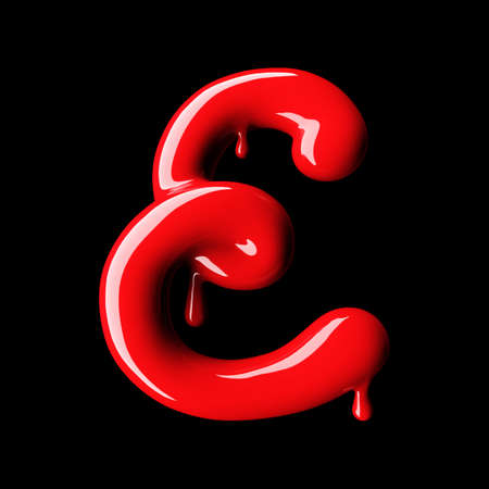 Glossy red letter E uppercase. 3D rendering font with glint on black background.の写真素材