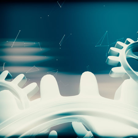 White gears and cogs macro on black background. 3D rendering