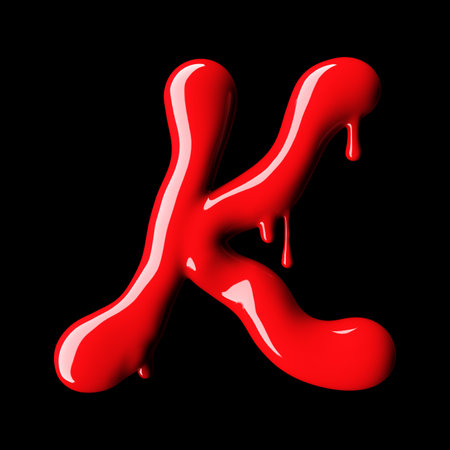 Glossy red letter K uppercase. 3D rendering font with glint on black background.の写真素材