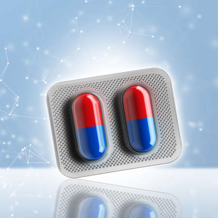 Red and blue pills in a blister on bokeh background. 3d renderingの写真素材