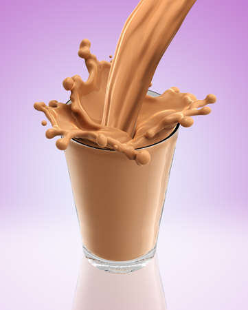 Splash of chocolate milk from the glass .Pink background. 3d renderingの写真素材
