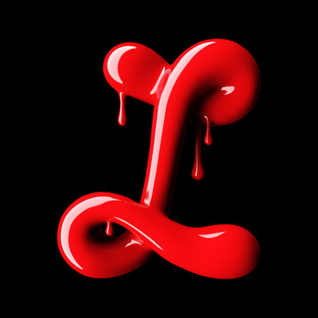 Glossy red letter L uppercase. 3D rendering font with glint on black background.の写真素材