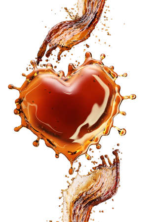 Heart from cola splash with bubbles isolated on white background. 3d renderingの写真素材