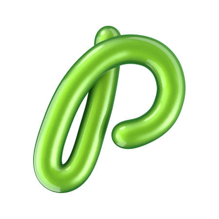 Glossy green letter P uppercase. 3D rendering font with glint isolated on white background.の写真素材