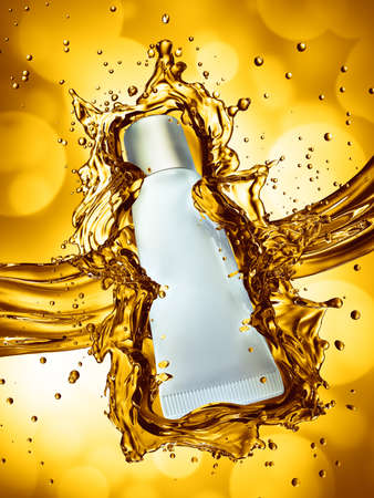 Cream bottle mock up in water splash of yellow color. 3D illustrationの写真素材