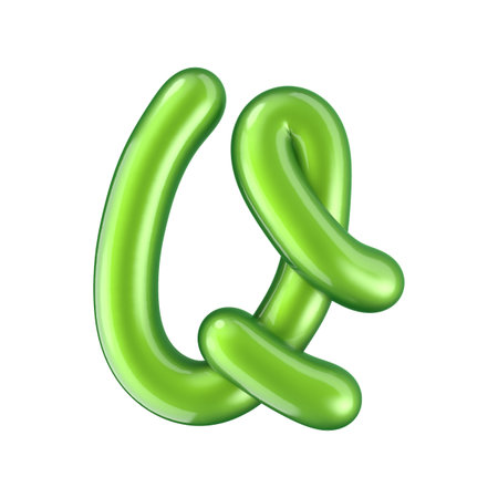 Glossy green letter Q uppercase. 3D rendering font with glint isolated on white background.の写真素材