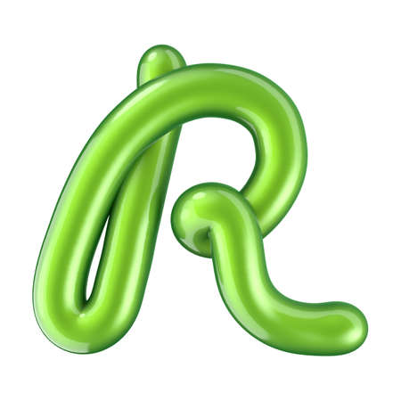 Glossy green letter R uppercase. 3D rendering font with glint isolated on white background.の写真素材
