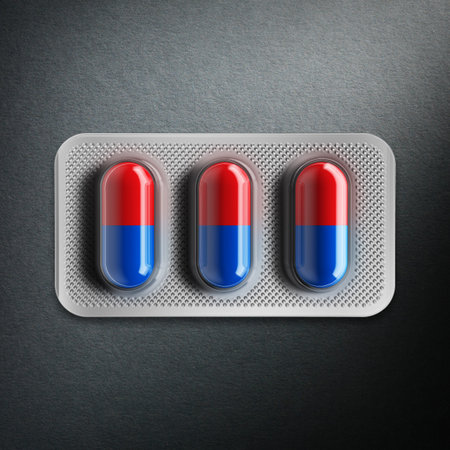 Red and blue pills in a blister on gray background. 3d rendering