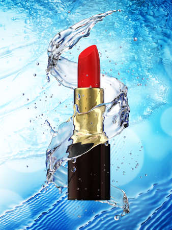 Lipstick. Makeup concept. Fashion Colorful Lipsticks in water splash. 3d renderingの写真素材