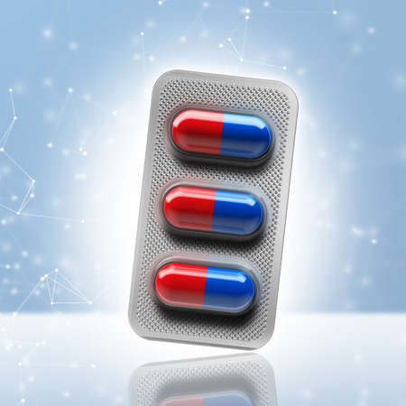 Red and blue pills in a blister on bokeh background. 3d renderingの写真素材