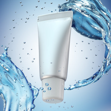 Cream bottle mock up in water splash on blue background. 3D illustration