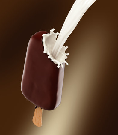 Chocolate icecream with wooden stick and milk splash. 3d renderingの写真素材