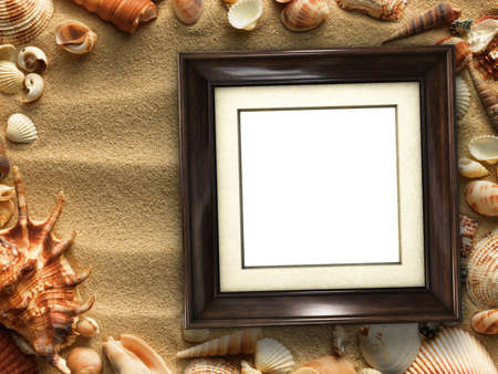 Pictue frame on shells and sand background. Copy space.の写真素材